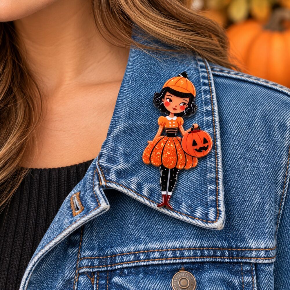 Retro Halloween Pumpkin Girl Acrylic Brooch Pin Vintage Style Jack O Lantern New